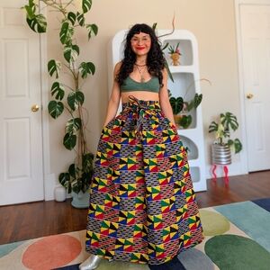 Colorful African Print Full Maxi Skirt with Waist Tie